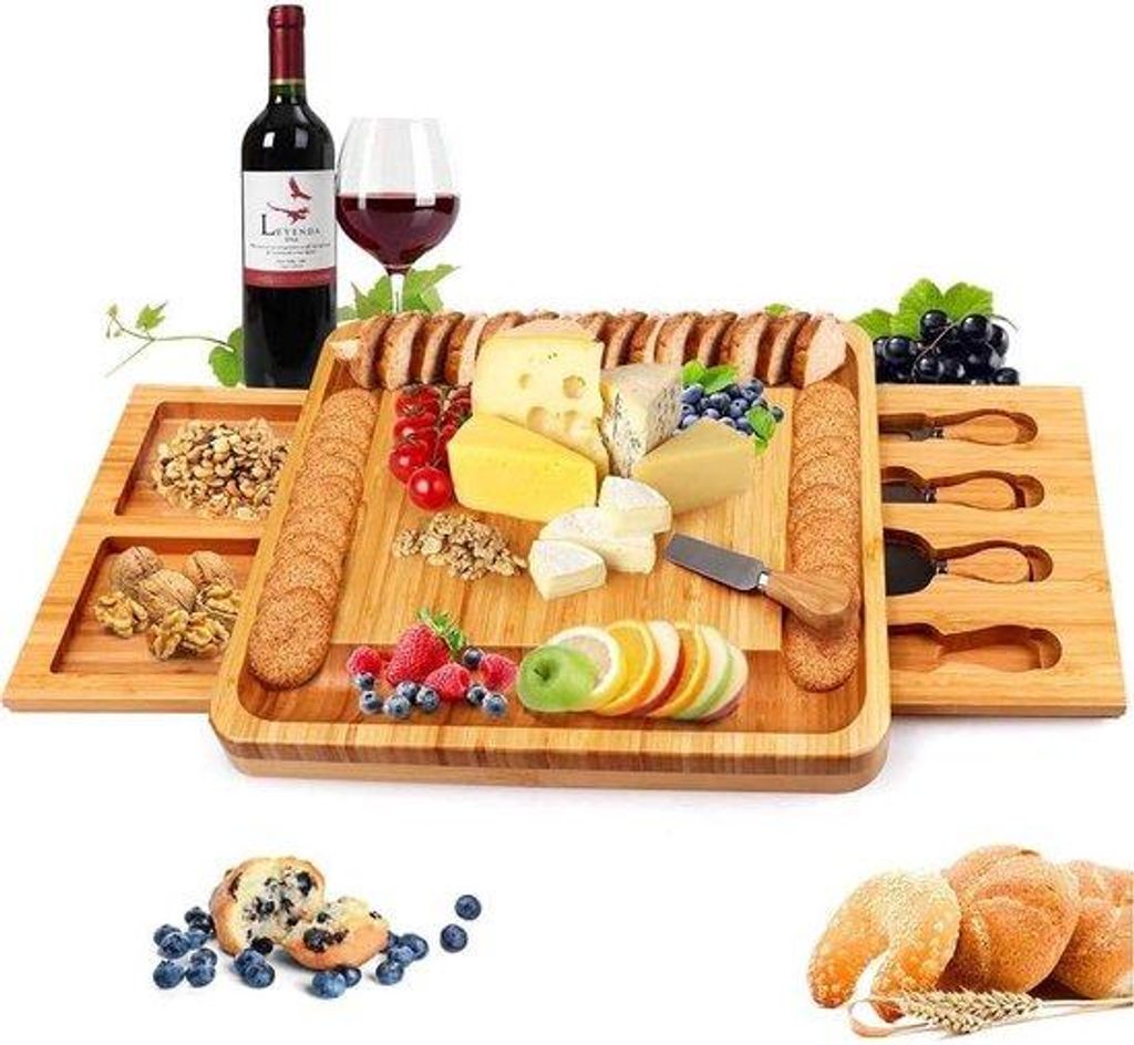 Hausgemachter Holzcharcuteriebrett mit Käsemesserset, Holzplatte für Wein, Crackern, Brie und Fleisch, großes dickes Holzbrett, Geschenk für Fe...