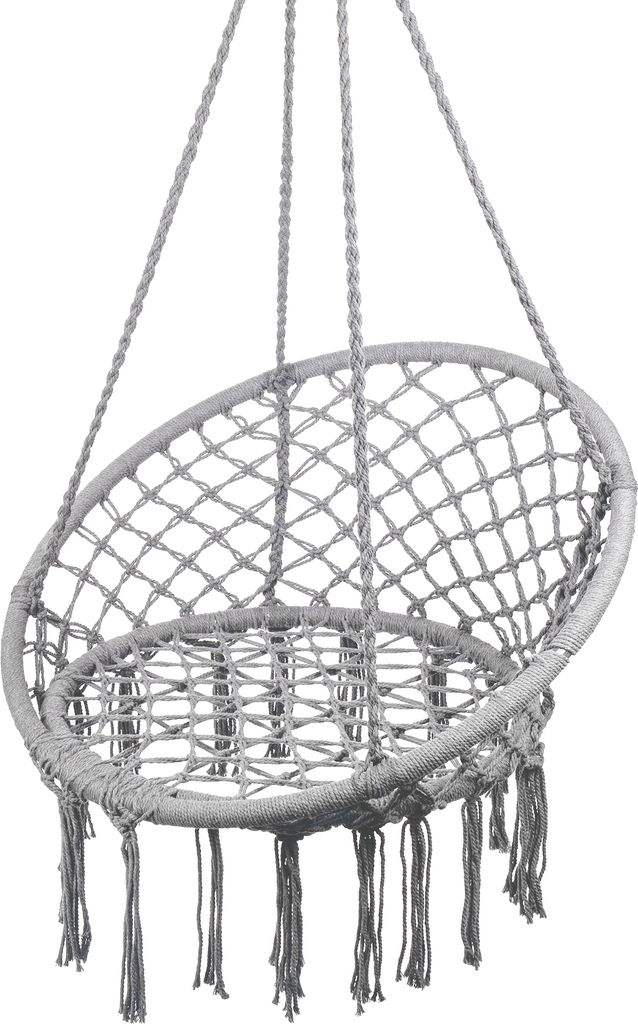 A gray macrame hanging chair suspended by ropes against a white background.