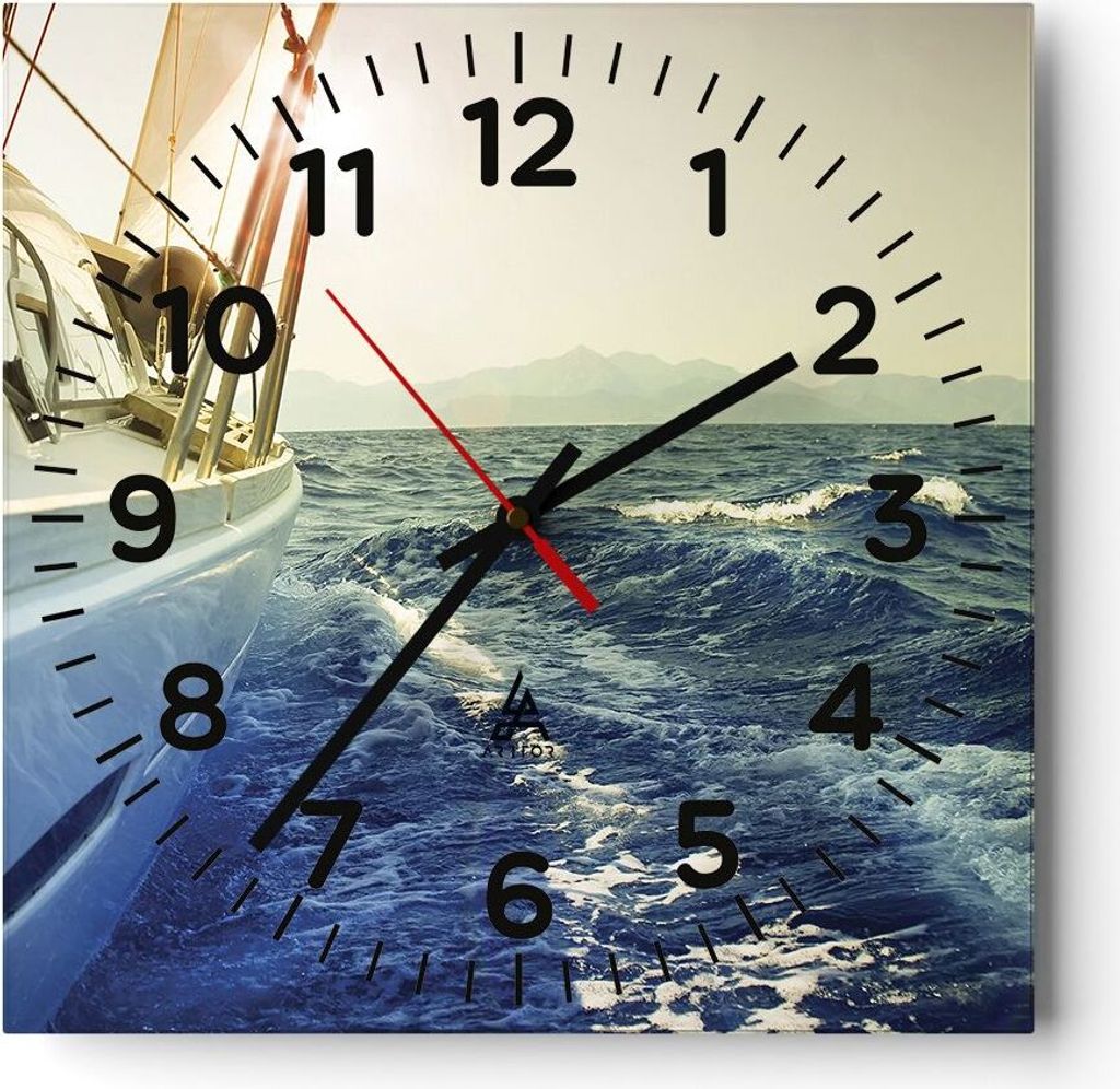 Wanduhr - Quadrat - Glasuhr - Yacht Segelboot Sonne - 40x40cm - Schleichendes Uhrwerk - Lautlos - zum Aufhängen bereit - Dekoration Modern - Wandd...