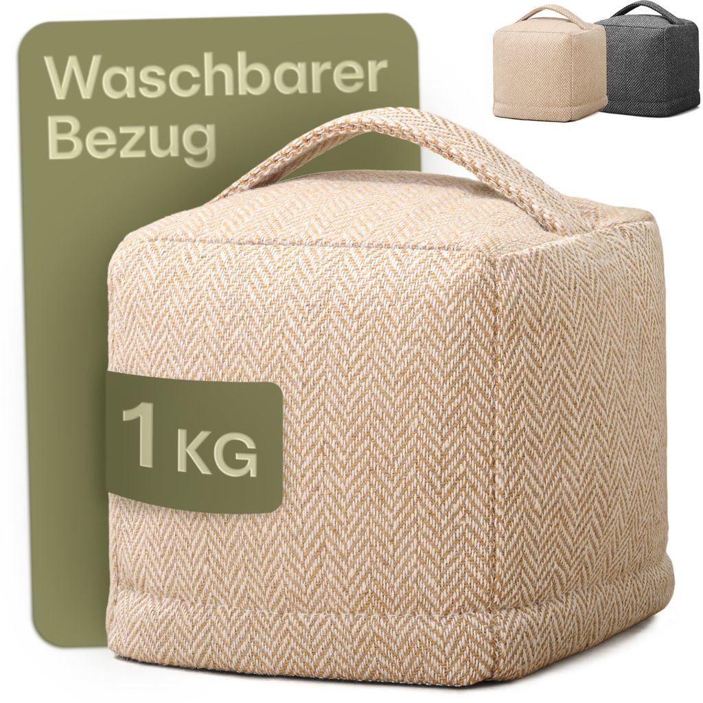Praknu Türstopper Sack für Den Boden - Extra schwer 1Kg - mit Waschbarem Bezug, Tragegriff & Rutschfesten Pads - für Haus & Büro (Beige)