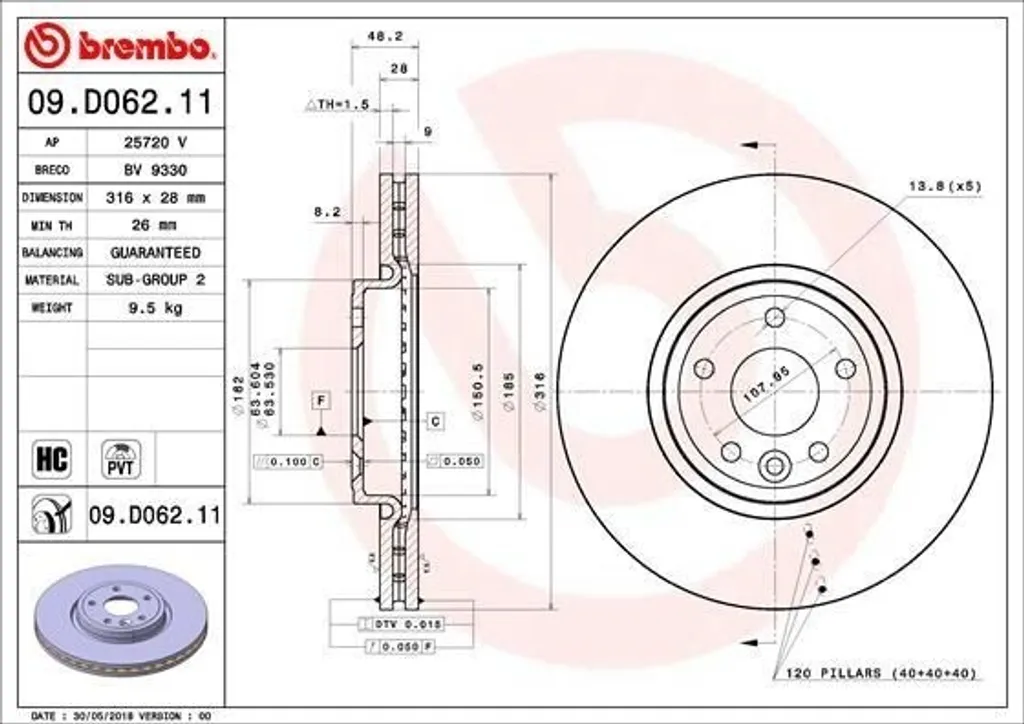 Brembo 09.D062.11 Disque de Frein OE T4N1799 pour Jaguar XE X760