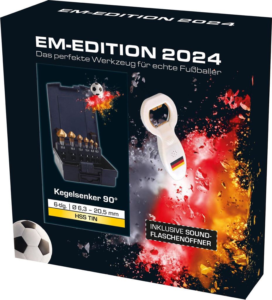 EXACT Kegelsenker-Set "EURO2024" Ø6,3-20,5mm, HSS-TIN, 90°, 6-tlg., DIN335, inkl. Sound-Flaschenöffner