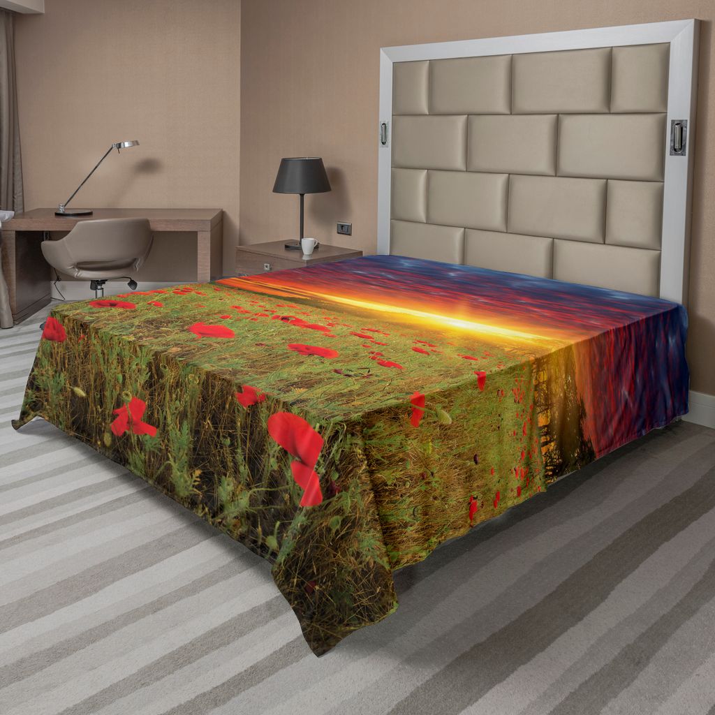 ABAKUHAUS Blume Bettlaken, Wiese Mit Gras Und Mohn Dark Dramatischer Himmel Im Hintergrund, weiches bequemes oberes Bettlaken für ein dekoratives ...