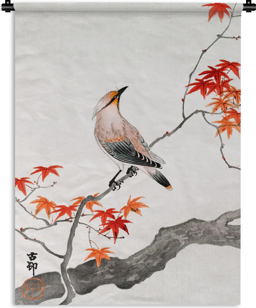 MuchoWow Wandteppich Wandbehang Japanischer Ahorn - Vogel - Baum - Vintage 60x80 cm Tapisserie Dekoration Wandtuch - Decke - Wandtücher - Wohne