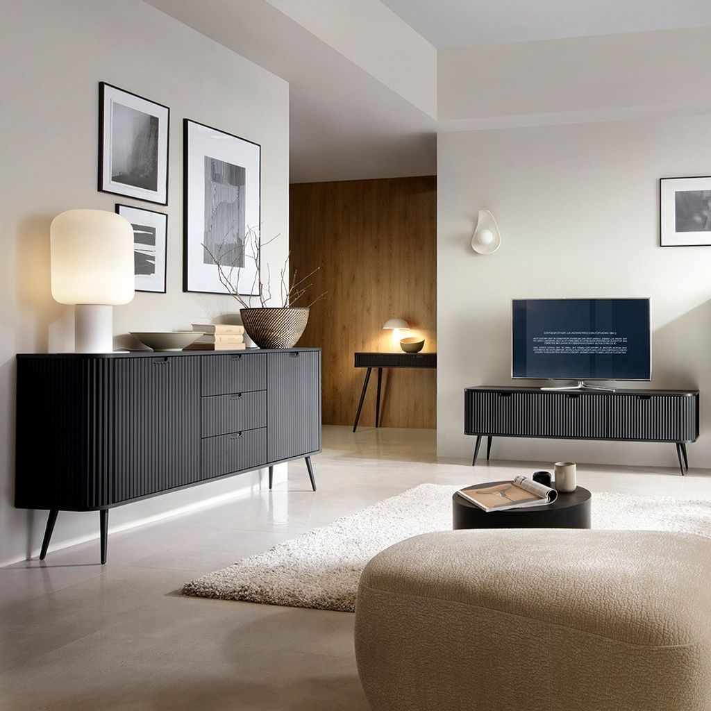 Wohnzimmer Set 3-teilig schwarz mit Rillen, Metallfüße schwarz, ZARA-160