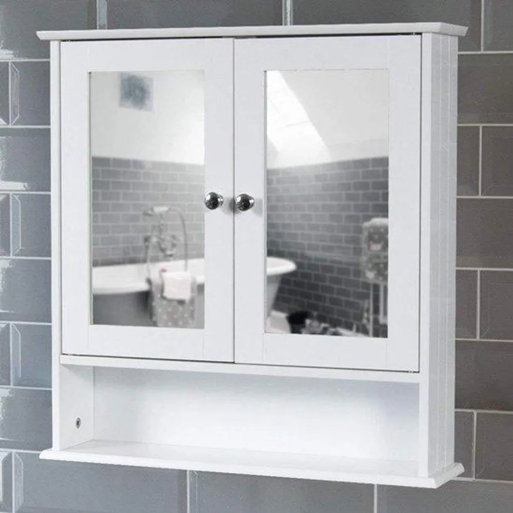 Miroir de salle de bain avec placard intégré blanc 2 portes bois