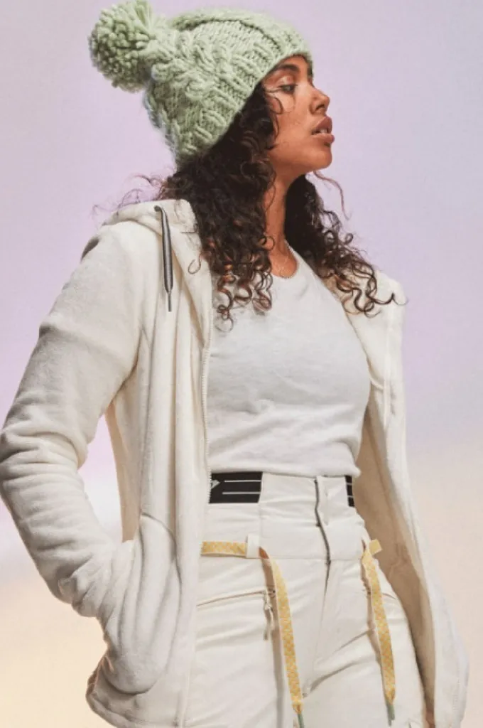 Bonnet Roxy vert en maille chenille chaude et douce pour le ski