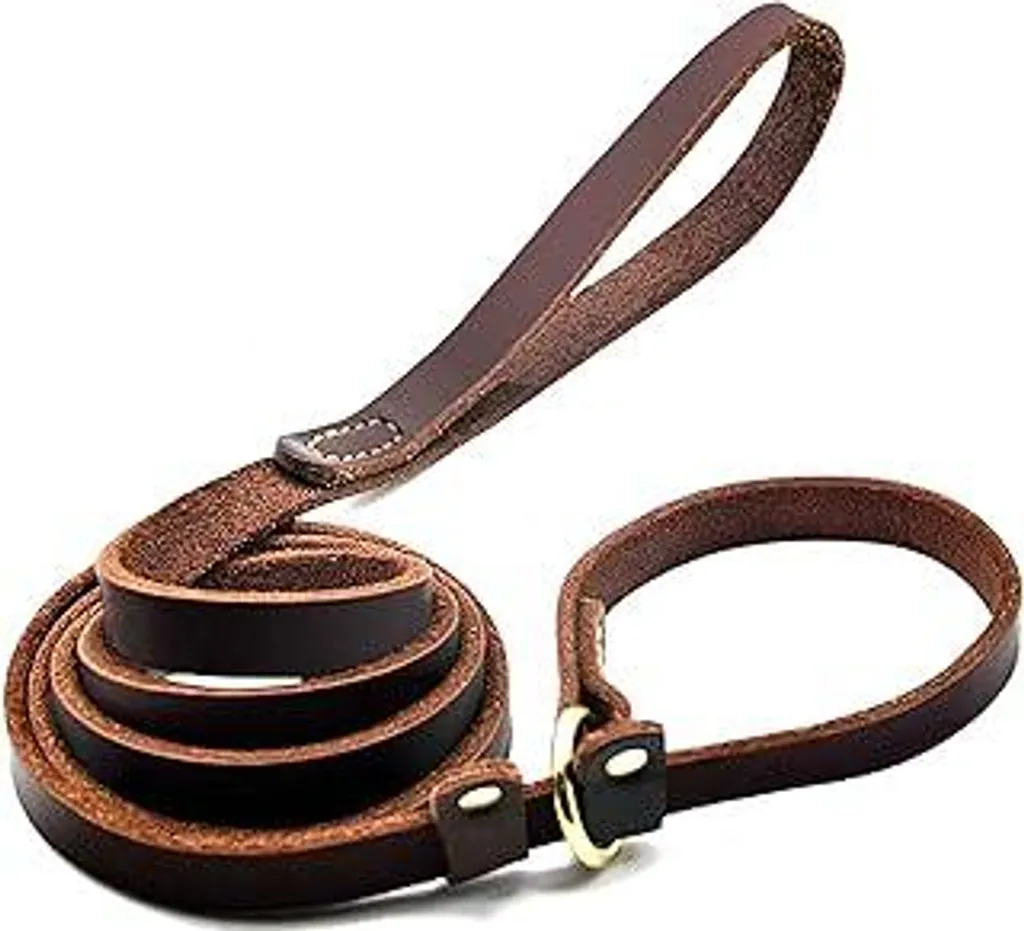 Guinzaglio per cani in vera pelle, morbido, regolabile con cursore, resistente, lungo 1,8 m x largo 1,8 cm, marrone