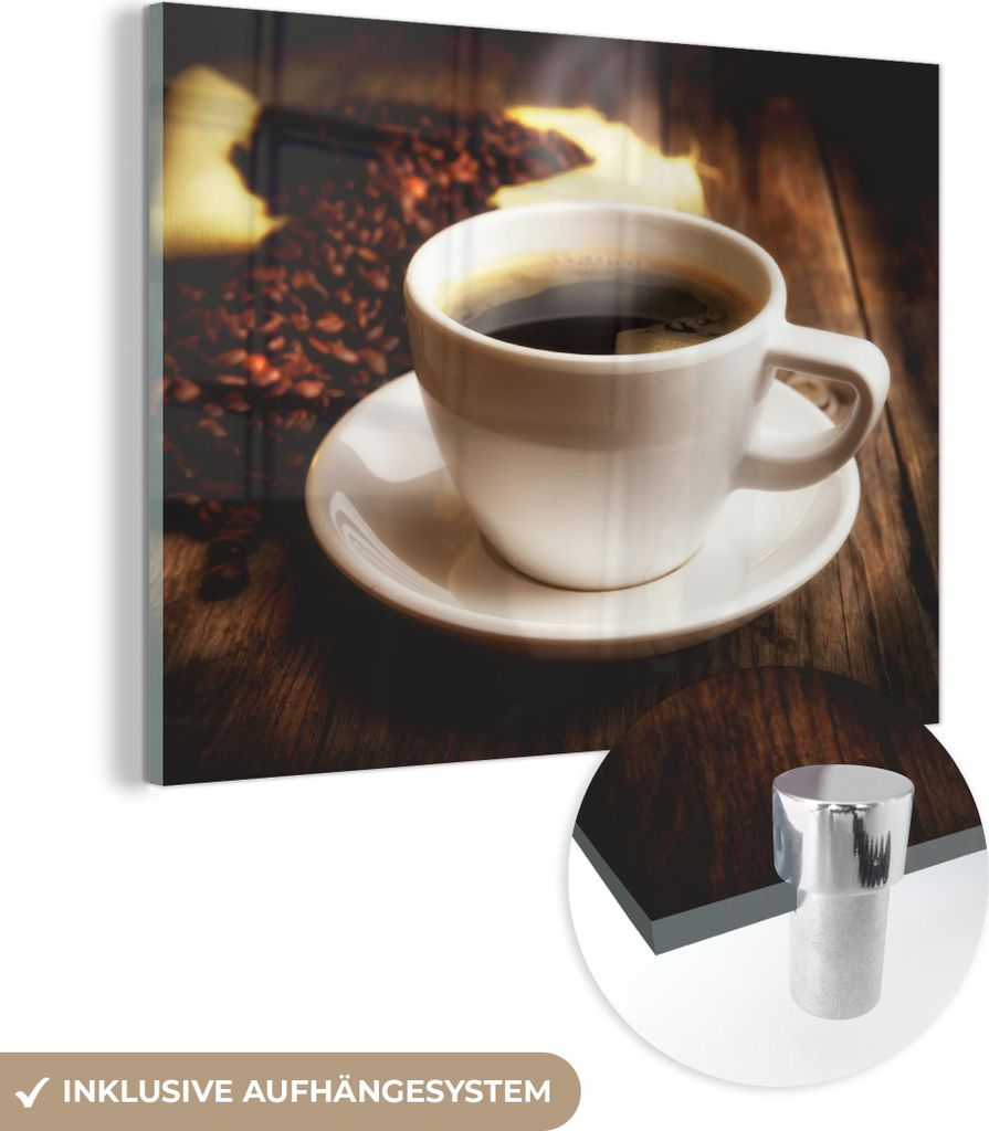 MuchoWow Glasbilder - Bilder auf Wandbild - Foto auf Glas Eine heiße Tasse Kaffee mit Kaffeebohnen 80x60 cm Wanddekoration aus Glas - Acrylglasbil...