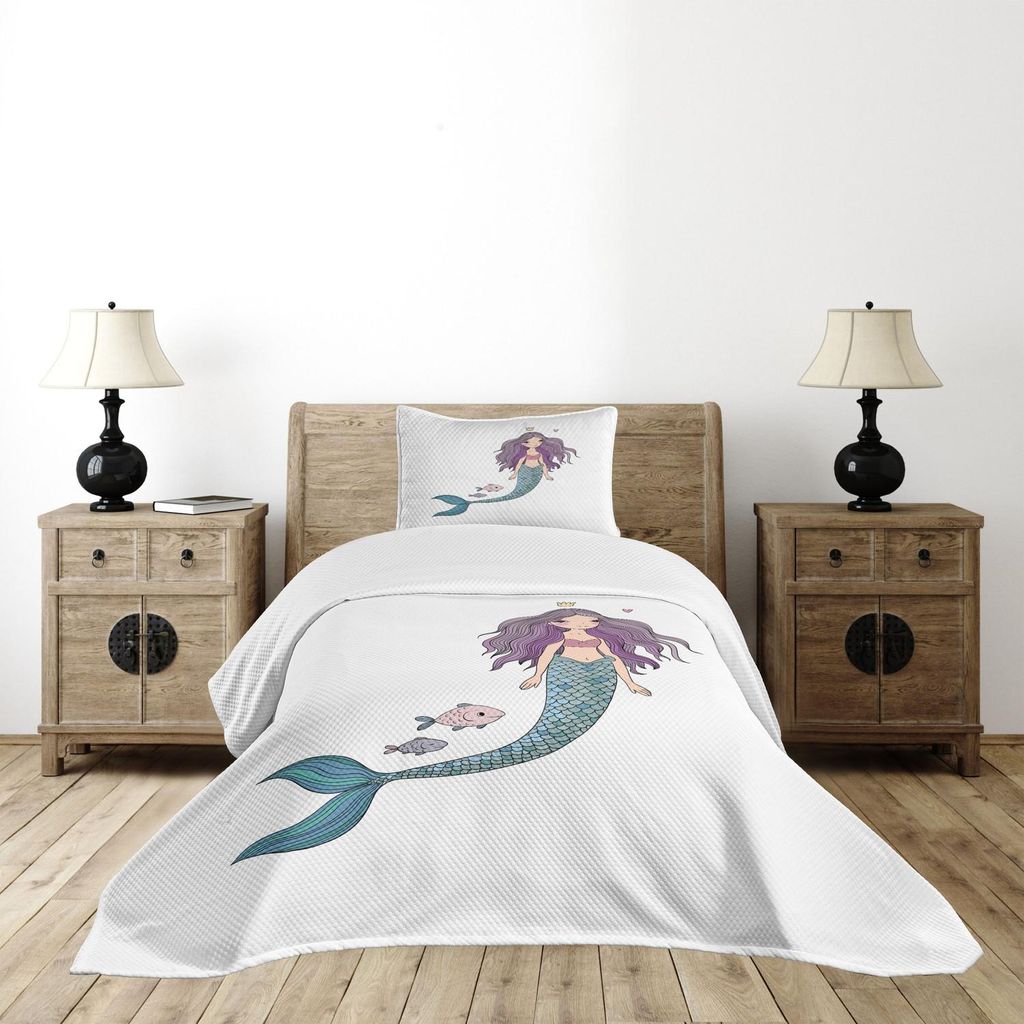 ABAKUHAUS Fantasie Tagesdecke Set, Cartoon Mermaid Princess mit gewelltem Haar Crown Little Pink Heart und Fisch, 170 x 220 cm, Violet Blue und Beige