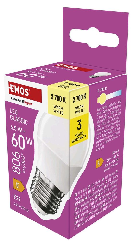 EMOS LED Lampe Mini Globe, 6,5W Ersatz für 60W Glühbirne, kleine Birne mit E27 Sockel, Helligkeit 806 lm, Warmweiß 2700 K, 30000 h Lebensdauer, ...