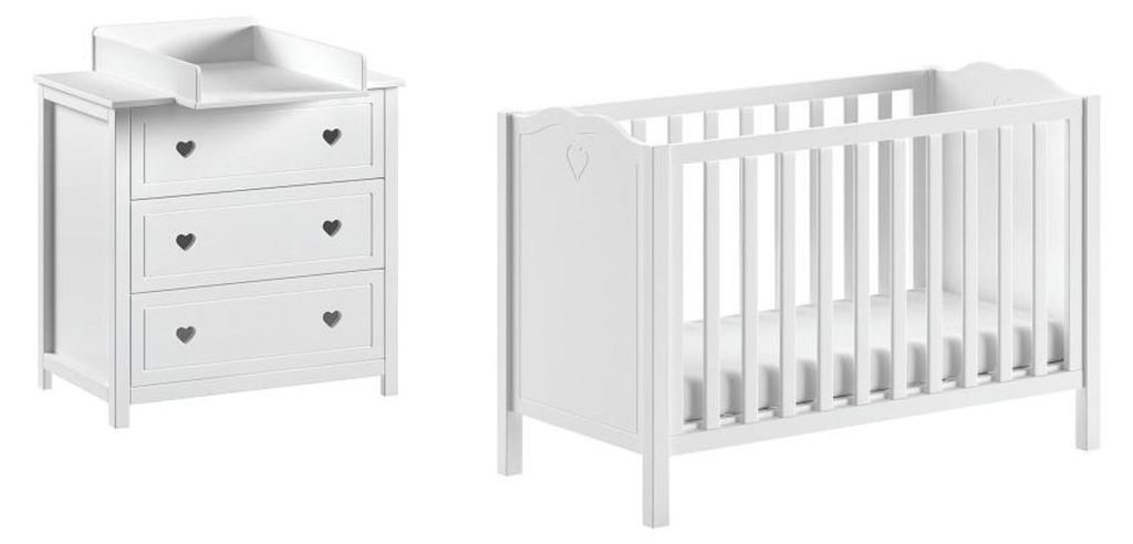Baby Set Kamila Weiß Bett 60x120 Kommode Wickelaufsatz
