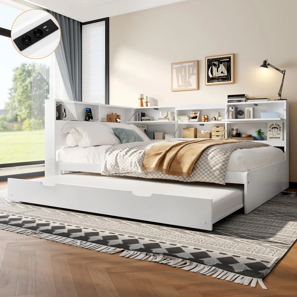 Lit de jeune 140x200cm Flieks avec port USB et lit gigogne 90x190cm Blanc