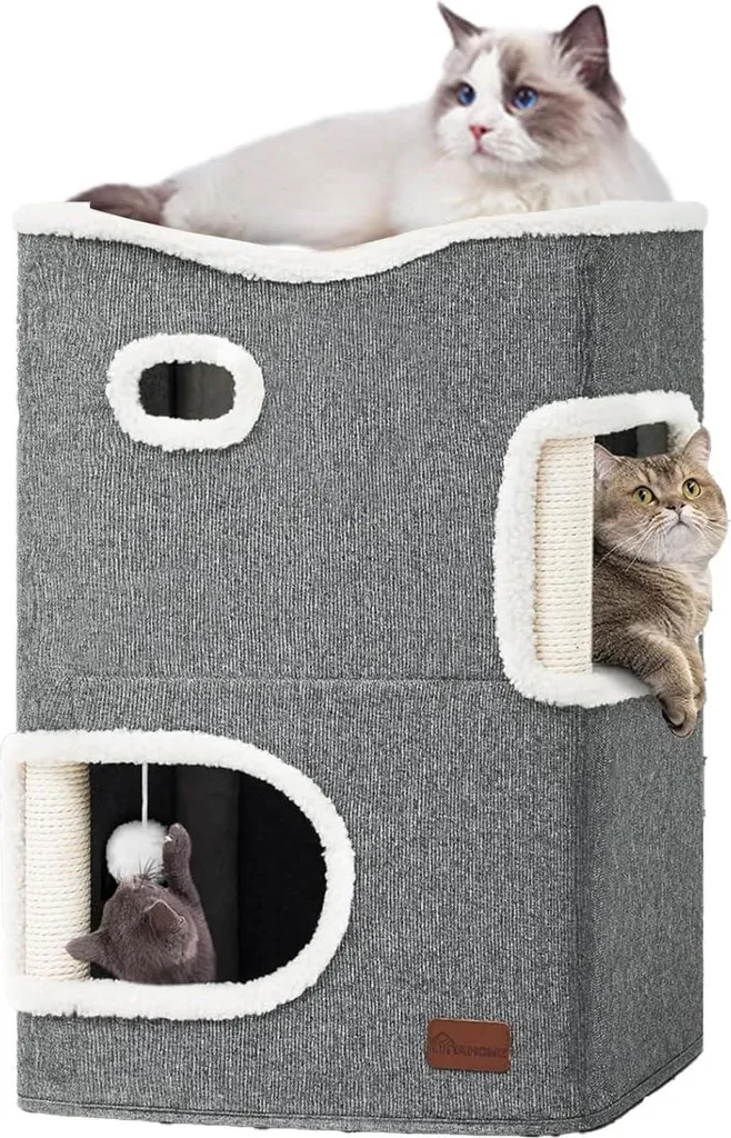 Lit pour chat intérieur 2 en 1 avec niche fermée coloris gris moderne
