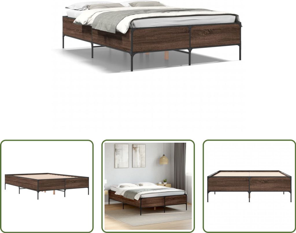 The Living Store Bettgestell Braun Eichen-Optik 140x190 cm Holzwerkstoff Metall