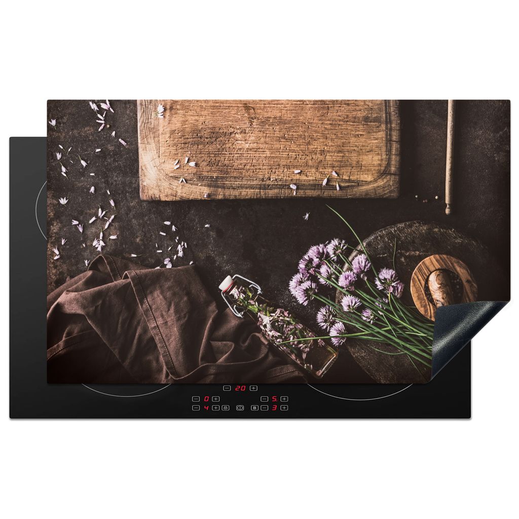 KitchenYeah Herdabdeckplatte Schneidebrett - Kräuter - Löffel - Küche - Rustikal - Mörser - Schnittlauch , 83x51cm, Küche Deko, Glaskeramikk...
