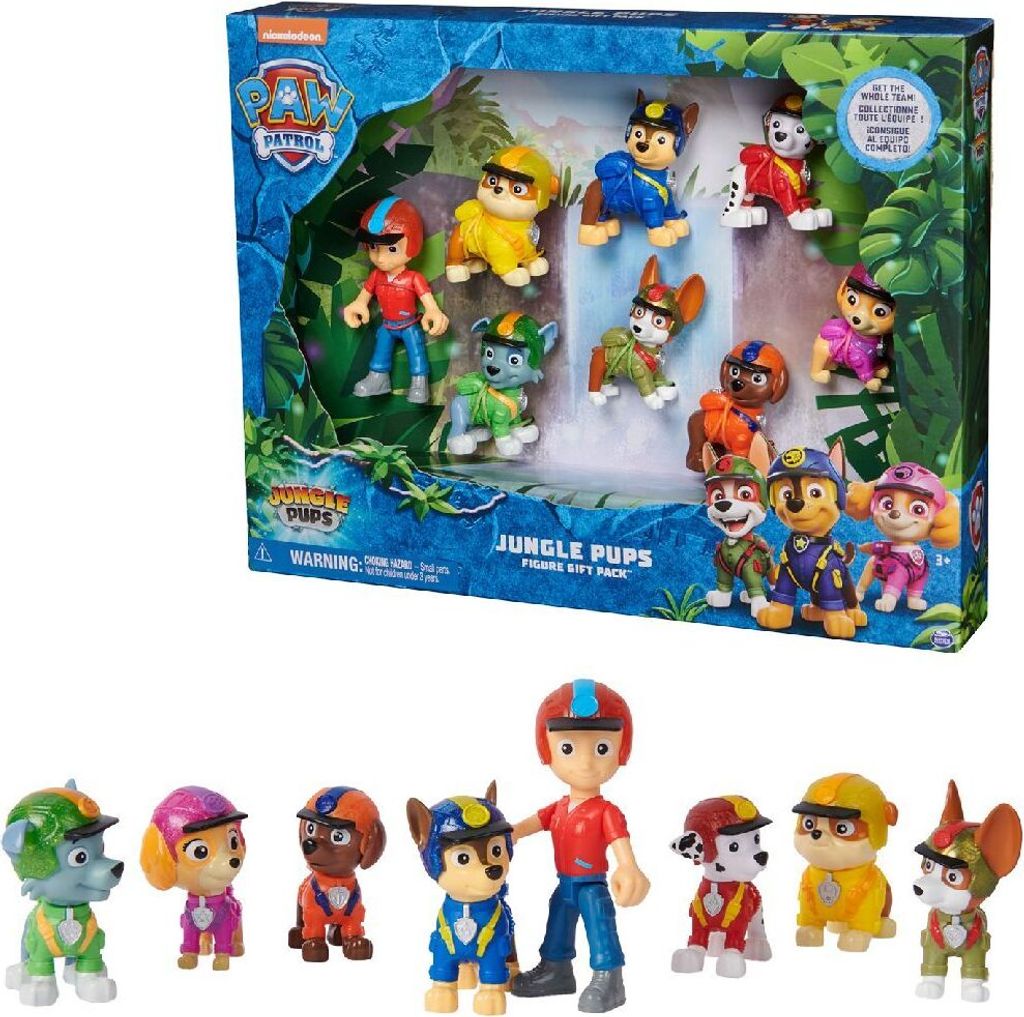 A gift set of Paw Patrol Jungle Pups figures in their packaging, with a separate display of the figures below.