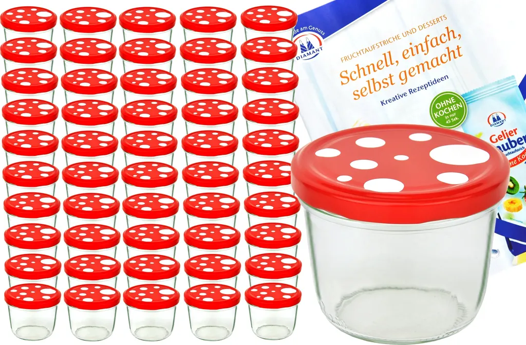 set di 50 tumbler 230 ml To 82 toadstool lid red white dotted incl. gelling magic recipe booklet - 1