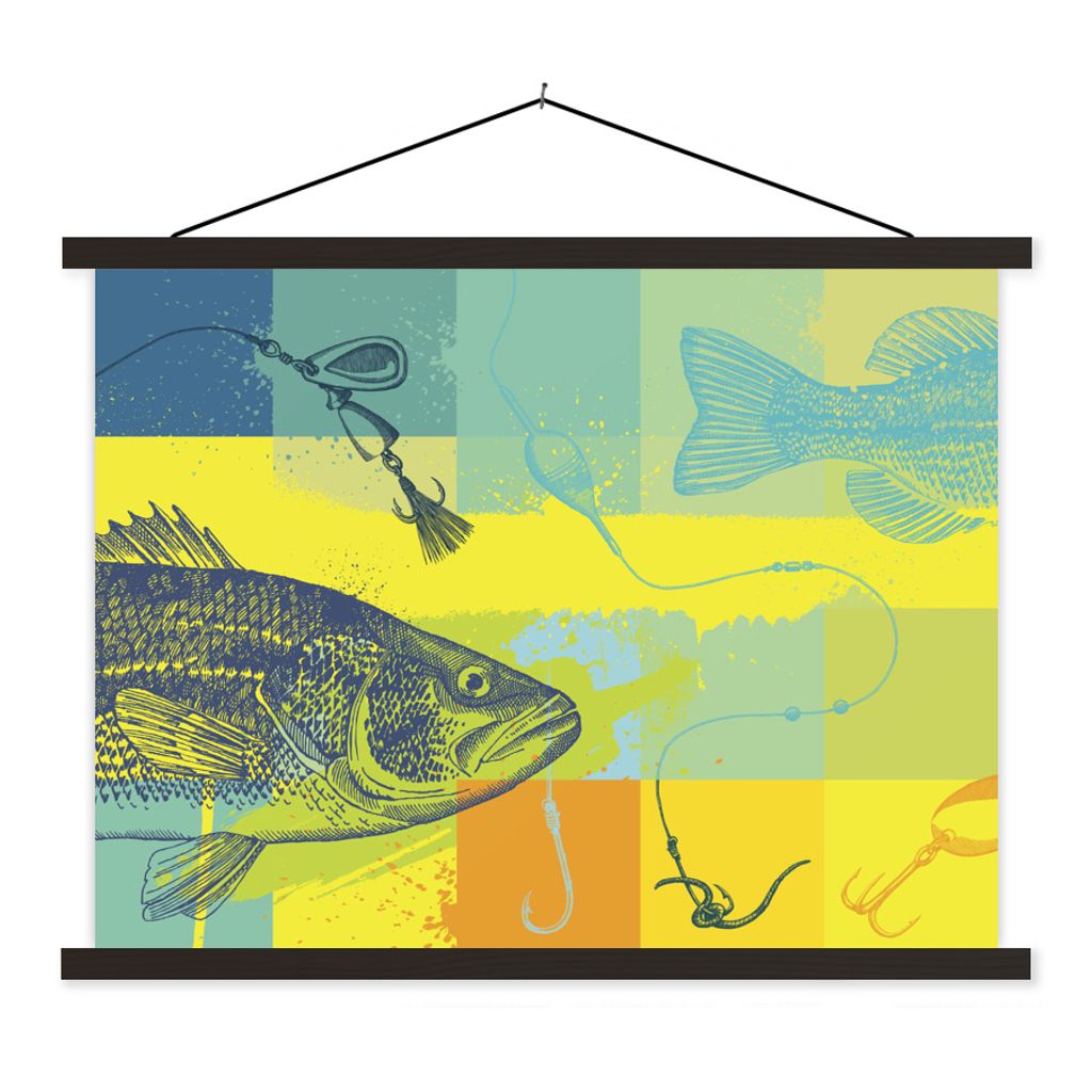 MuchoWow Textilposter Farbige Illustration eines Fisches 120x90 cm mit schwarzem Rahmen - Aufhänger für Poster