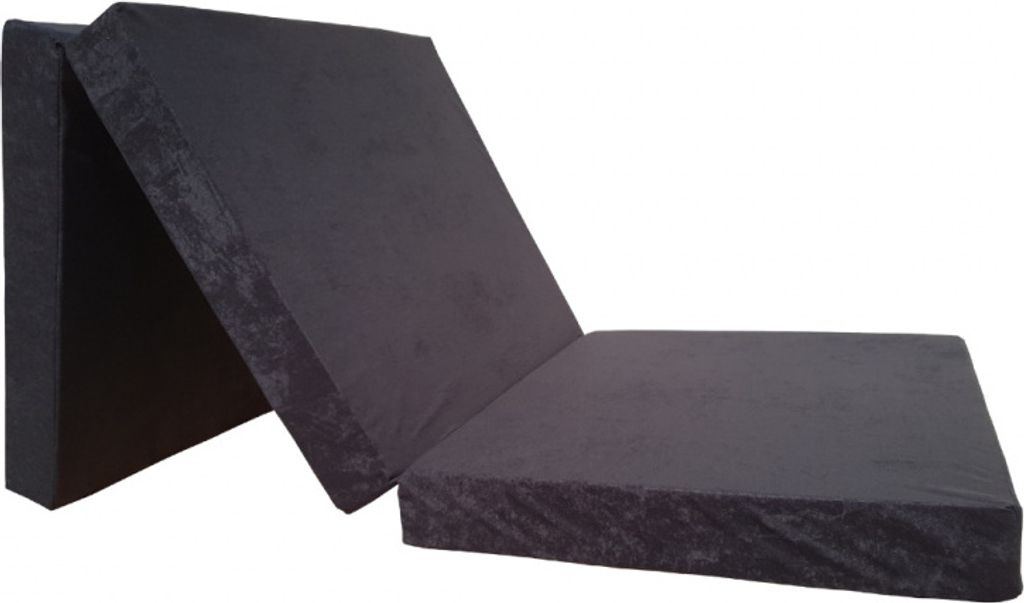A dark-colored foldable mattress on a white background.