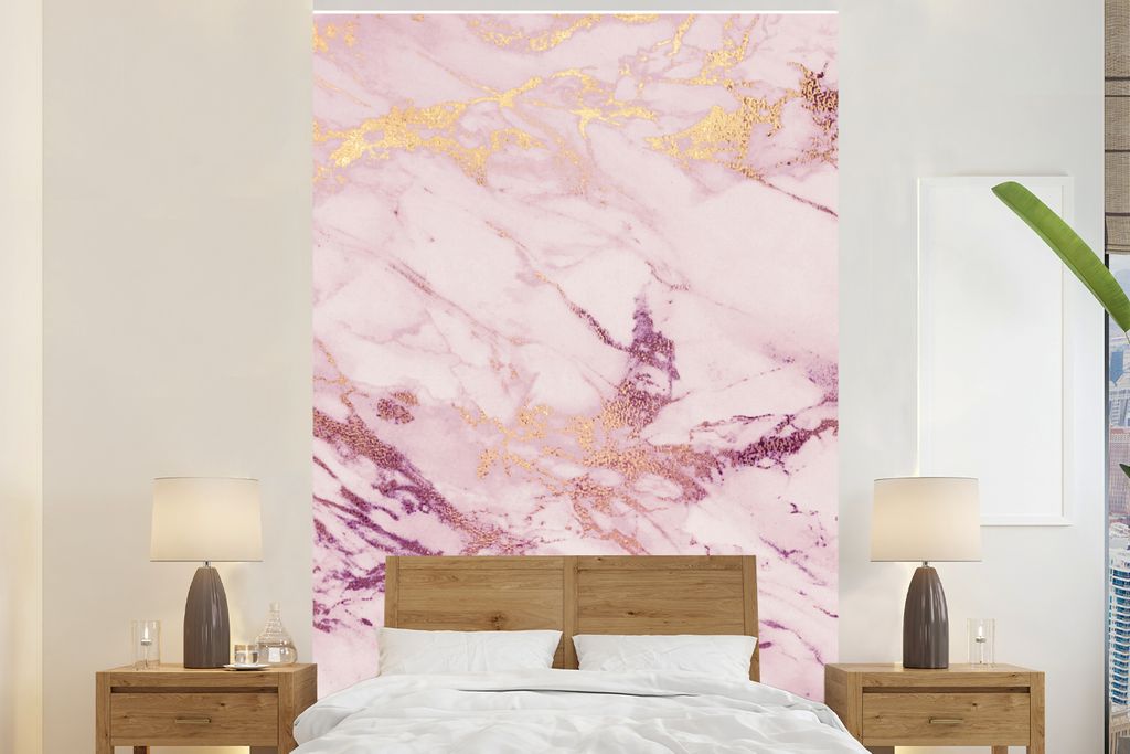 MuchoWow Fototapete für Wohnzimmer oder Schlafzimmer Wandtapete Vinyl Motivtapete Marmor - Lila - Rosa - 200x300 cm - Wanddekorationen