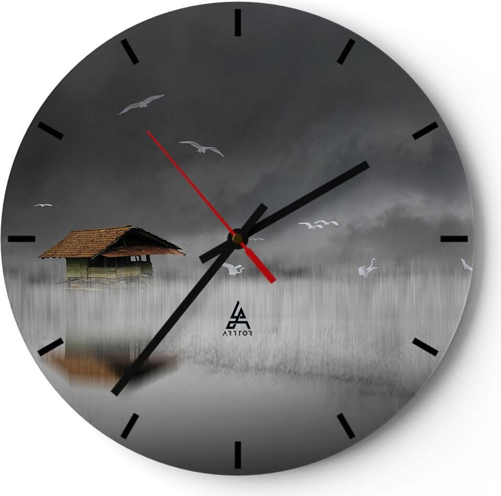 Wanduhr - Rund - Glasuhr - Hütte Nebel Sumpf - 30x30cm - Produktbild 