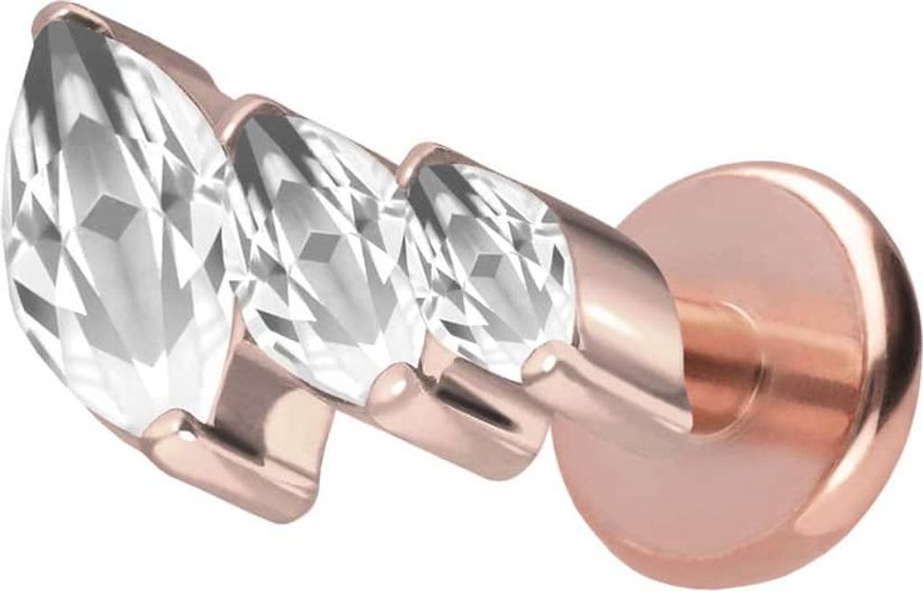 Ohrpiercing, Nasenpiercing Titan Labret mit Push Fit 3 EINGEFASSTE KRISTALLTROPFEN RoséGold Stablänge: 6mm | Stabstärke: 1,2mm