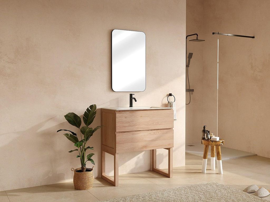 Unterschrank aus Massivholz Eiche mit Einbauwaschbecken - Hell Natur - 80 cm - TARELO