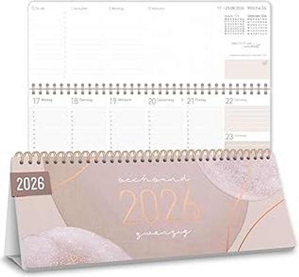 HäfftWochen-Tischkalender 2026 quer mit Aufsteller Soft Beige 1 Woche 2 Seiten, Schreibtisch-Kalender mit Sprüchen, Wochenkalender 29,7 x 11,6 cm...
