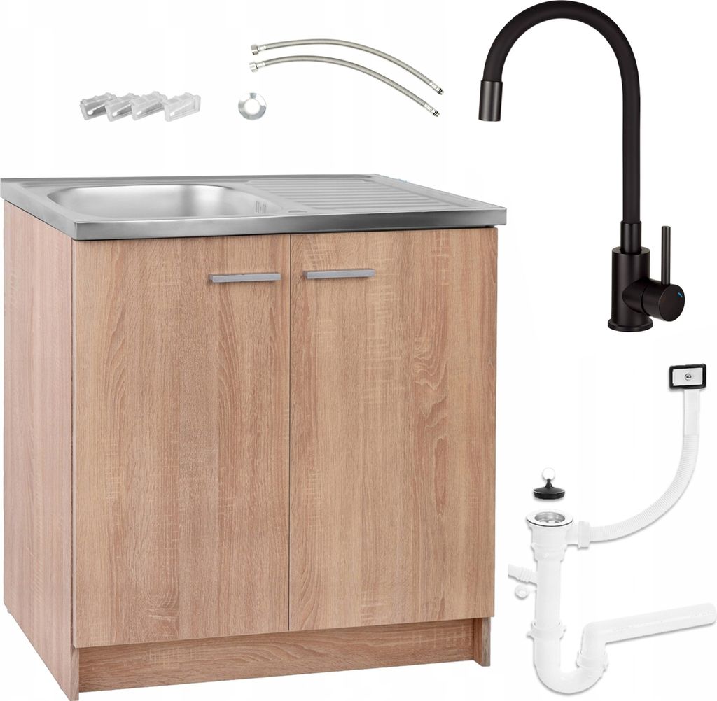 Küchenschrank Eiche Sonoma 80x50 cm mit Spüle und Deante Flexibler Schwarzer Armatur