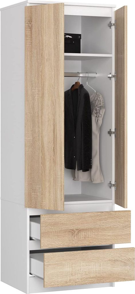 BDW, Kleiderschrank 2 Türen 2 Schubladen, 180x60x51 cm, Weiß / Eiche Sonoma