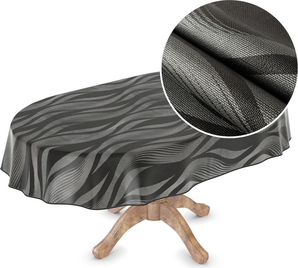 Tischdecke Wachstuch Premium Ornamente Schwarz Robust Wasserabweisend Oval Breite 140 cm Länge 260 cm
