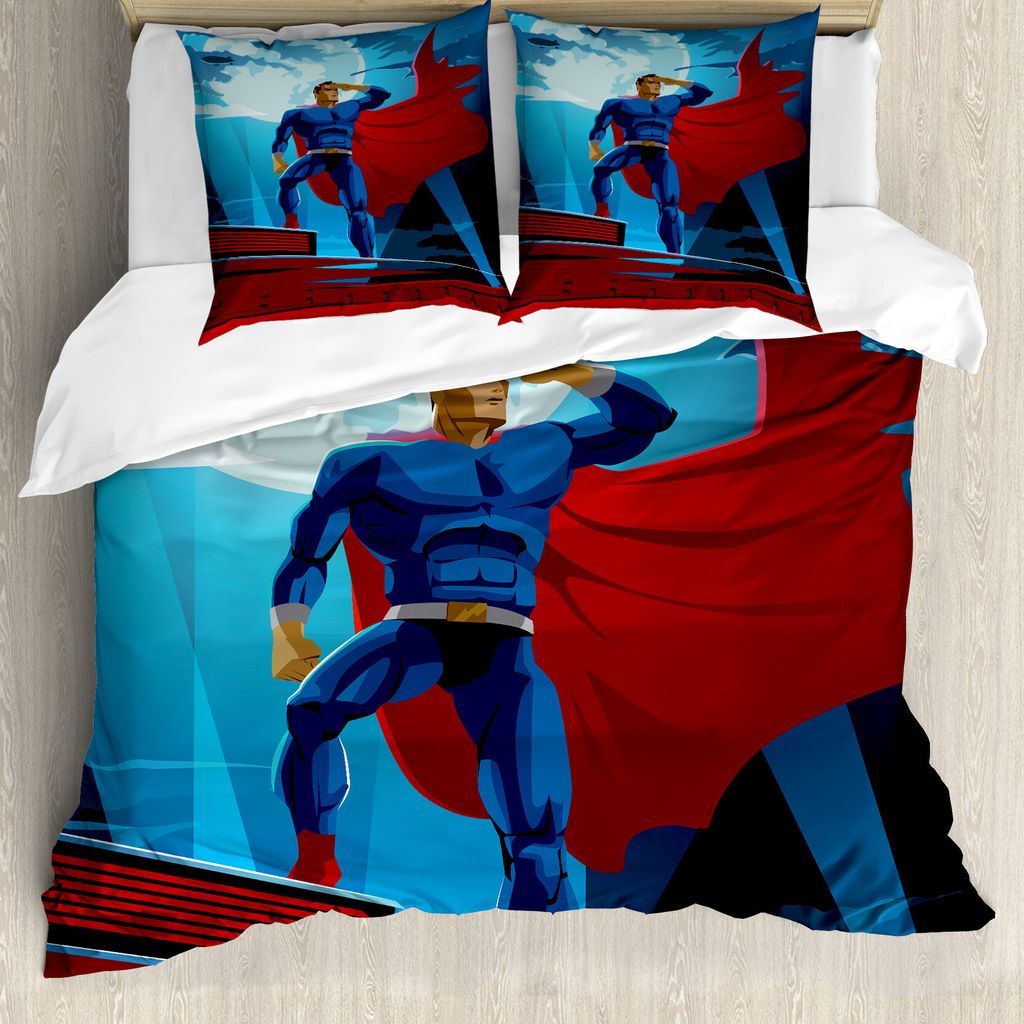 ABAKUHAUS Superheld Bettbezug, Retro Cartoon Heros, Milbensicher Allergiker geeignet mit Kissenbezügen, 155 cm x 220 cm - 80 x 80 cm, Blau Rot