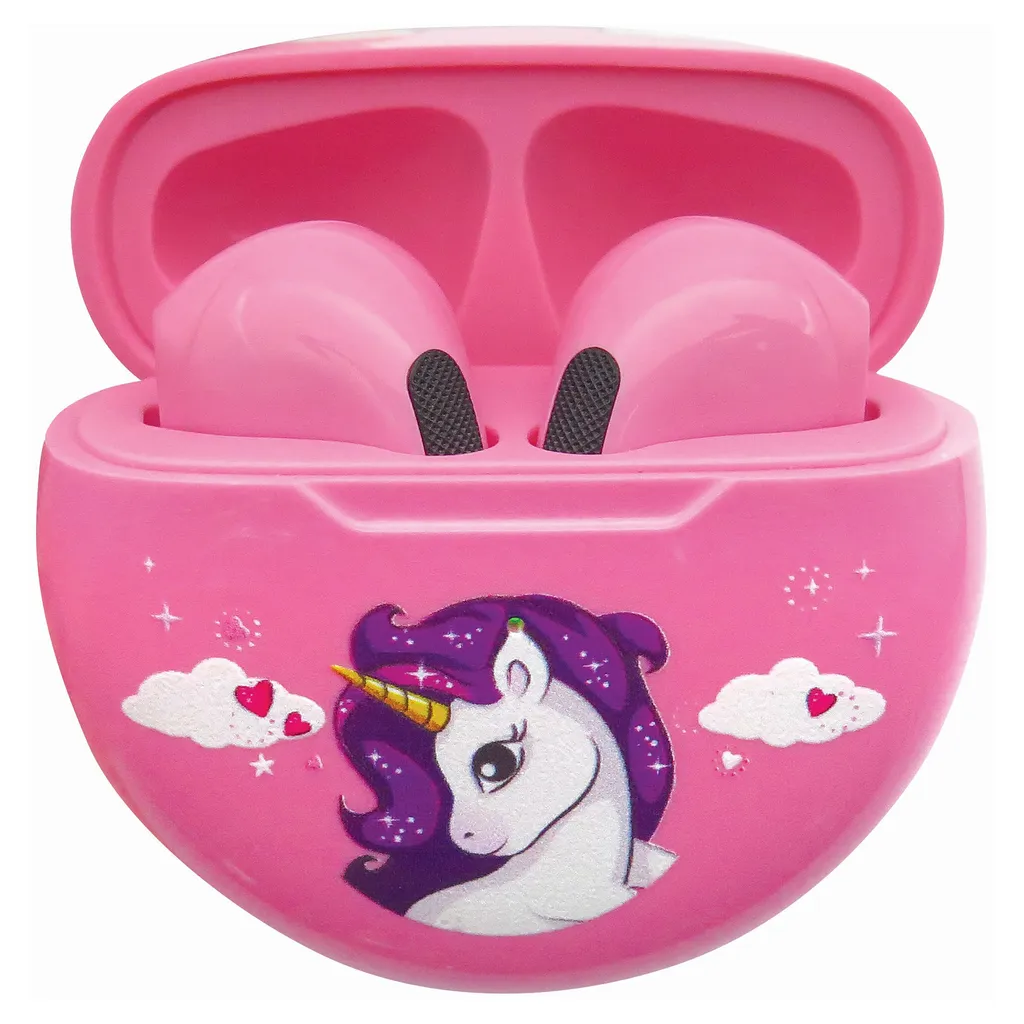 Oreillettes Bluetooth Licorne pour filles avec boîtier de rangement rose