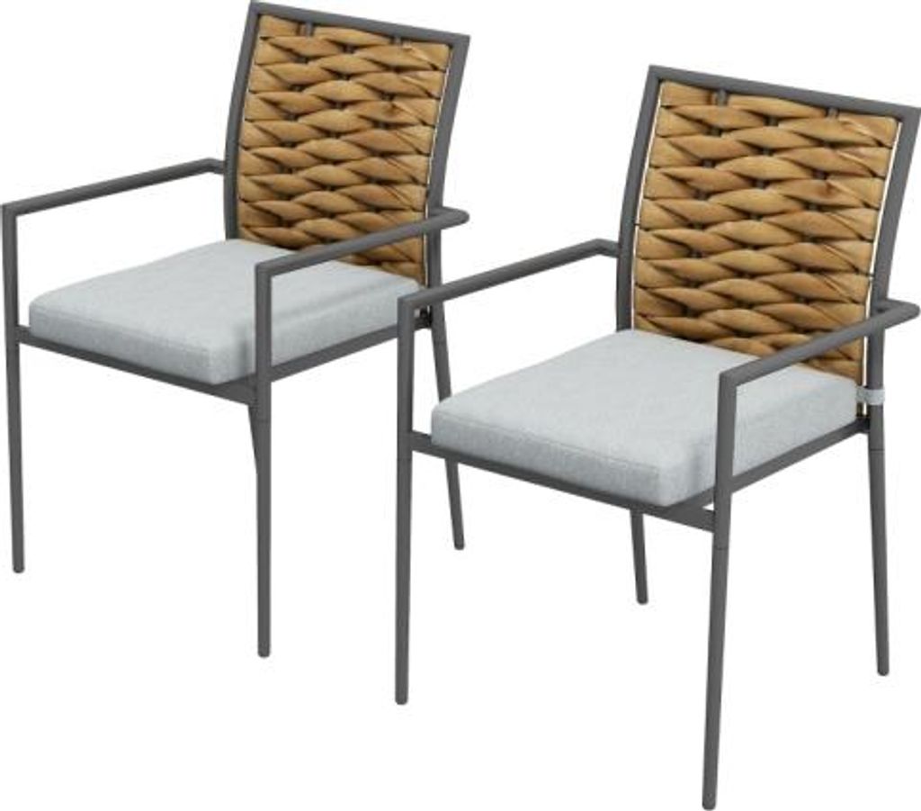 2er-Set Rattan Gartenstuhl 57x58x87 cm Grau Gartensessel Mit Kissen Stapelbar Balkonstuhl Fuer Terrasse Stahlrahmen