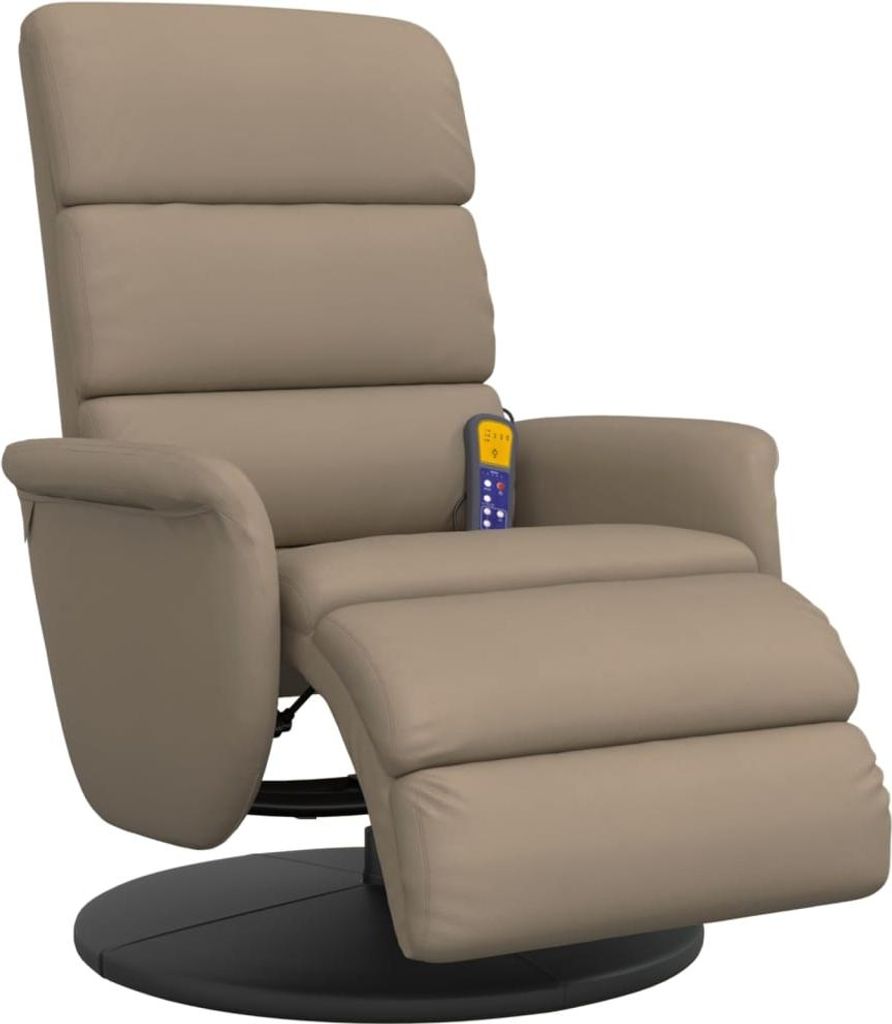A beige recliner chair with a footrest extended and a remote control on the armrest.