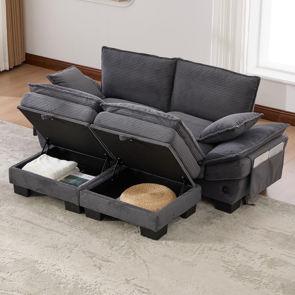 MODFU Zweisitzer Sofa mit USB und C-Anschluss Loungesofa mit zwei Hockern breiter Sitzfläche Corduroy Modulares Sofa mit Seitentaschen für das Wo...