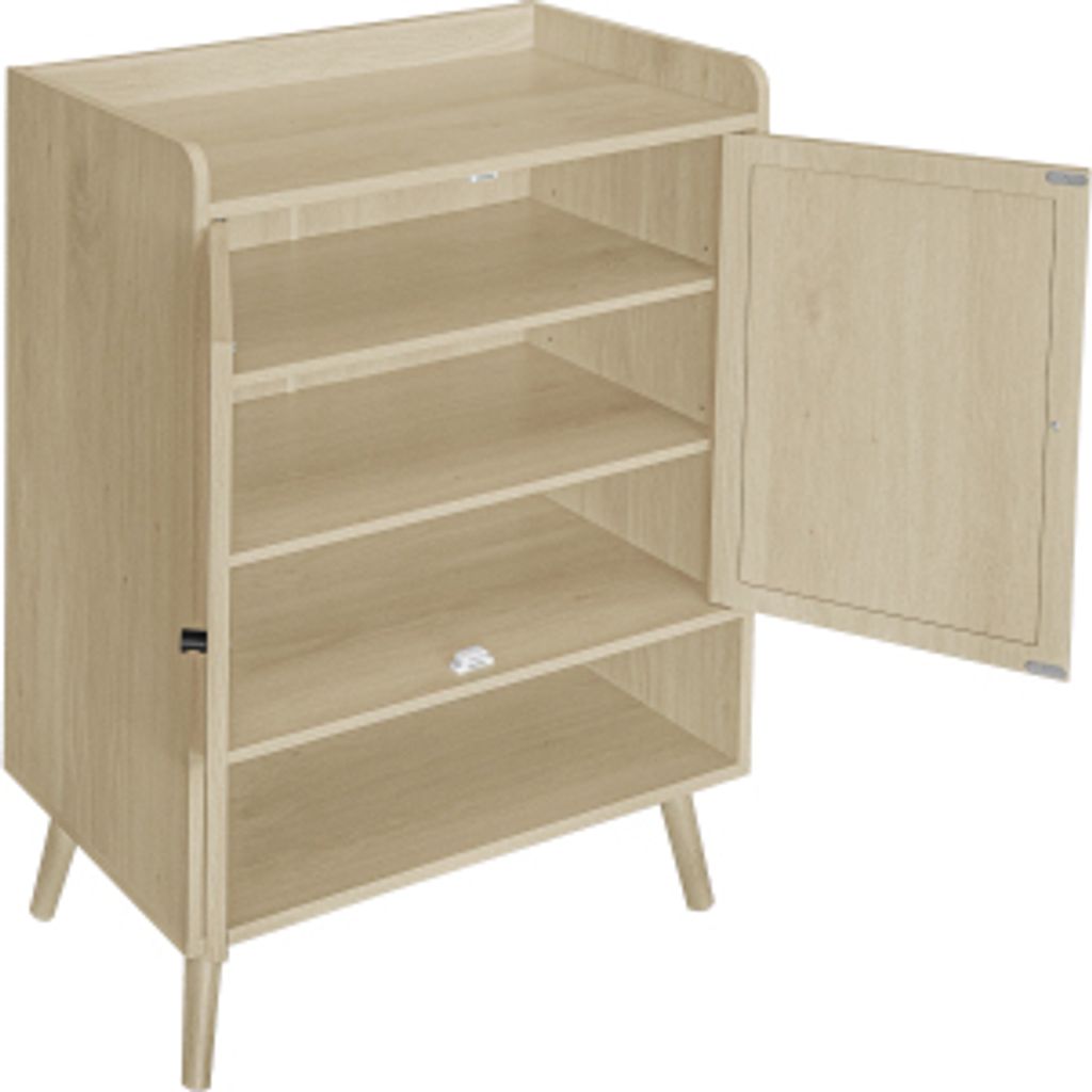 Schuhschrank 68x35x90cm Naturbelassen Doppeltueren Naturholzoptik Rattangeflecht Ablageflaeche Offene Zwischenablage Flur Eingangsbereich Korridor