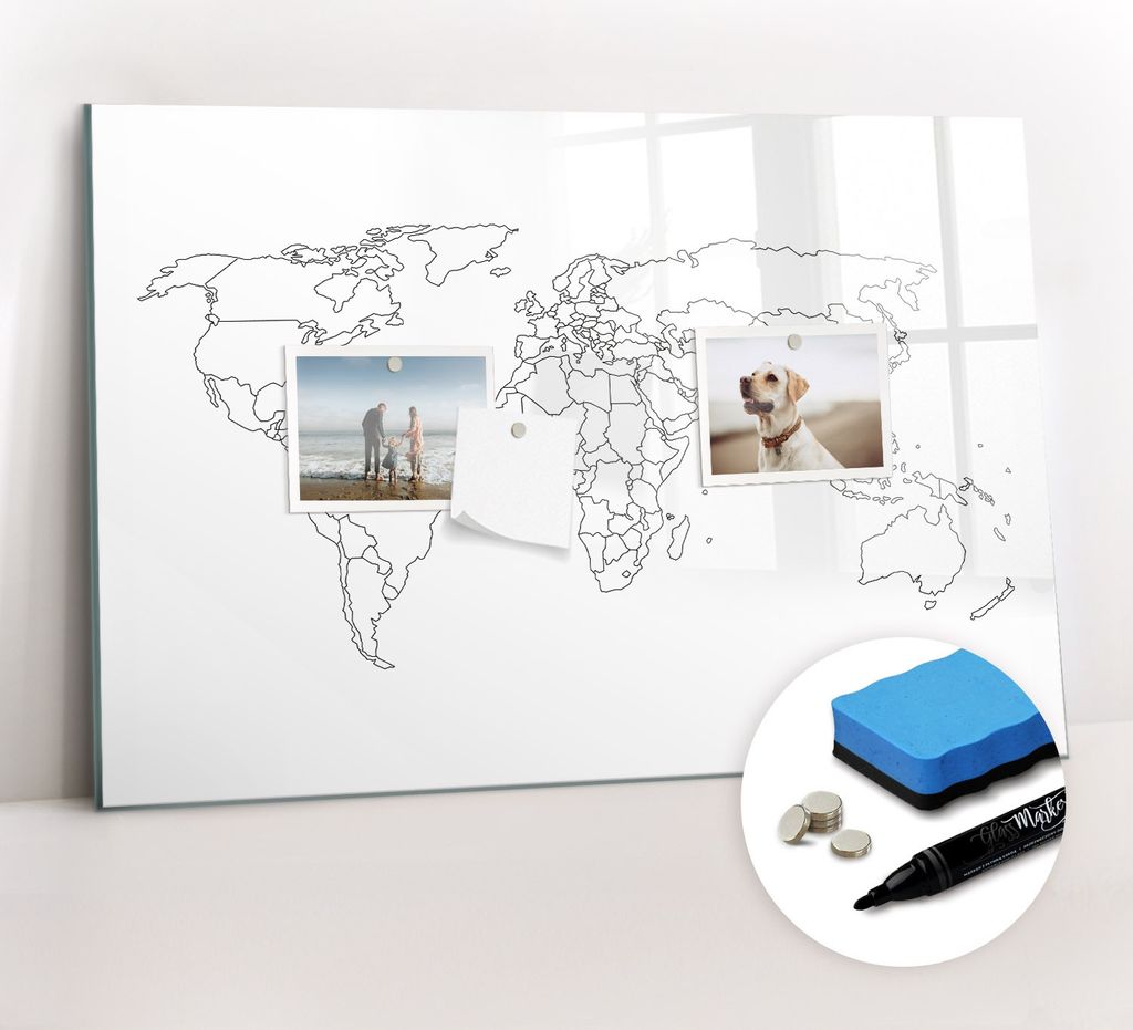 Magnetpinnwand Memoboard - Zubehörsatz - Schwarzer Marker + Schwamm + Magnete - 60 x 40 cm - Konturkarte der Welt