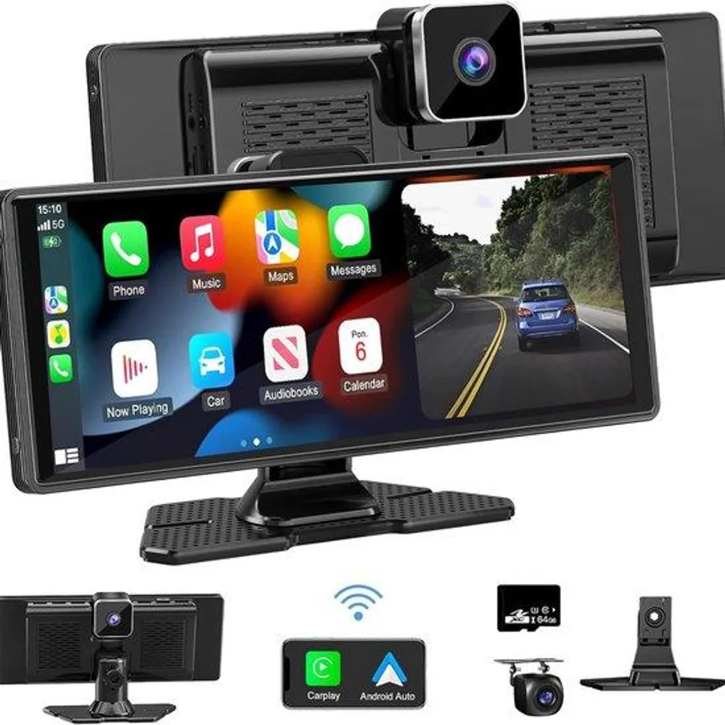 Autoradio portable 10,26 pouces CarPlay sans fil avec Caméra Dashcam 4K