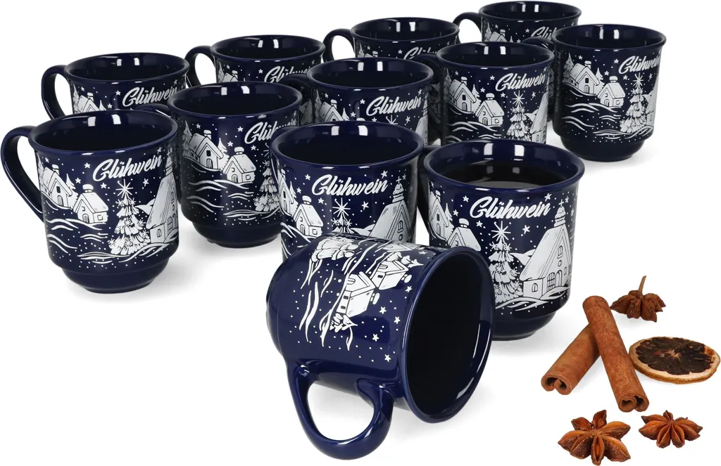 Set 12 Tazze Vin Brulé 0,2L Ceramica Blu Scuro Paesaggio Natalizio Calibrate
