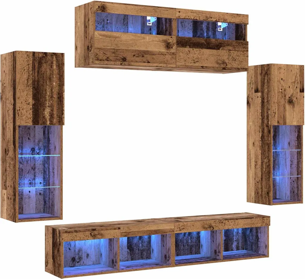 Mur TV complet 6 pièces décor bois vieilli et LED pour salon spacieux