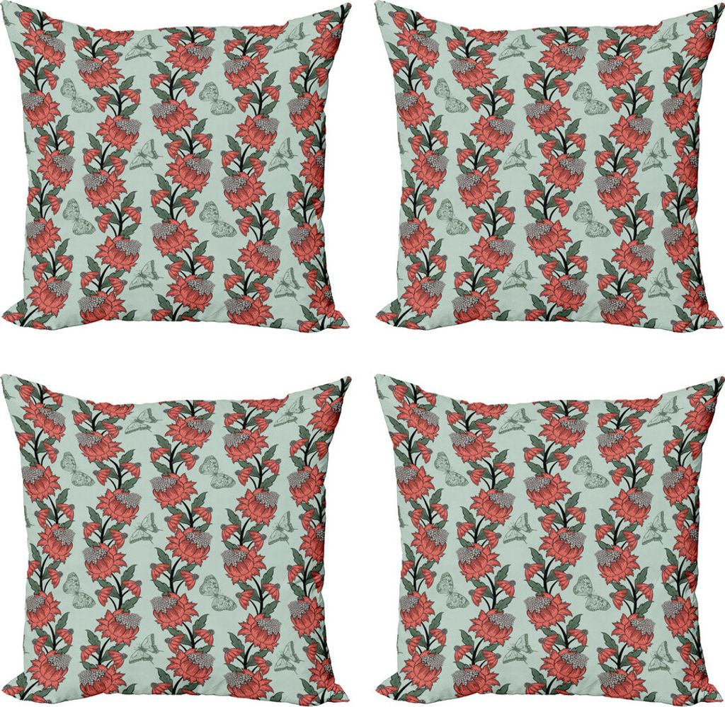 ABAKUHAUS Blumen Kissenbezug Set (4 Stück), Blumen-Schmetterlings-Silhouetten, Moderner Doppelseitiger Digitaldruck, 50 cm x 50 cm, Pale Blue Coral