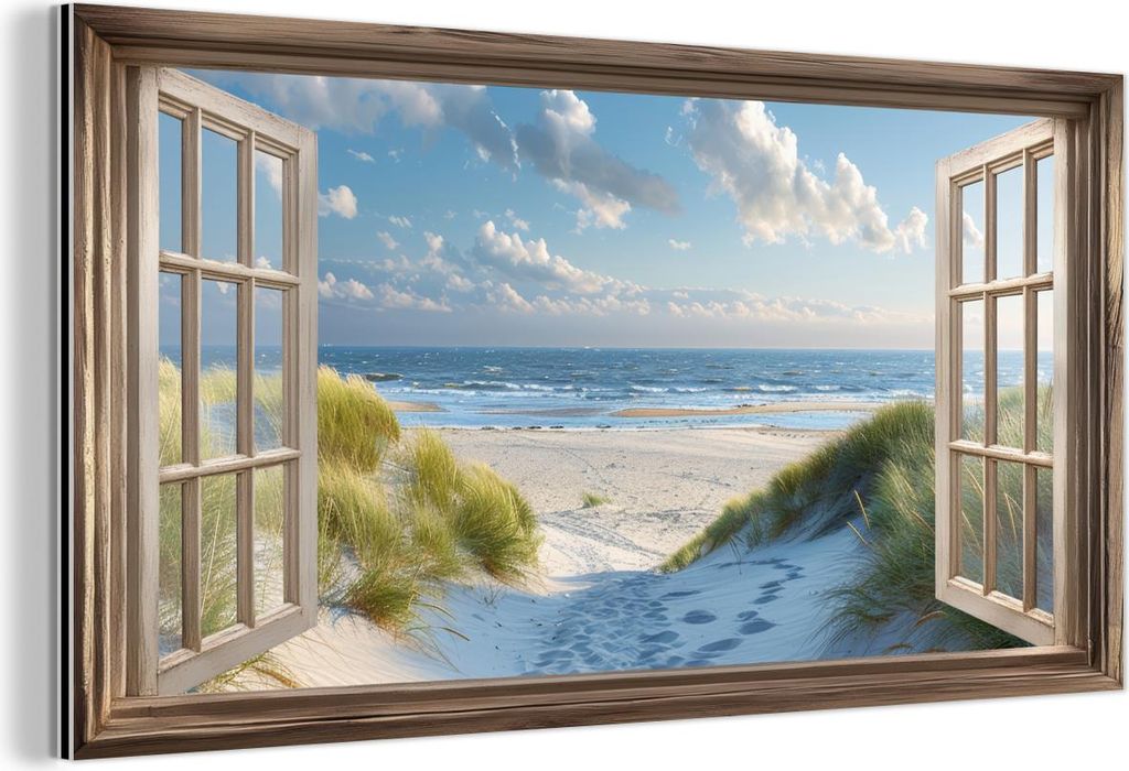 MuchoWow Wanddekoration Metall Metallbild Wandkunst 120x60 cm Aussicht - Strand - Fenster - Dünen - Meer MuchoWow Aluminium Gemälde - Metalbilder
