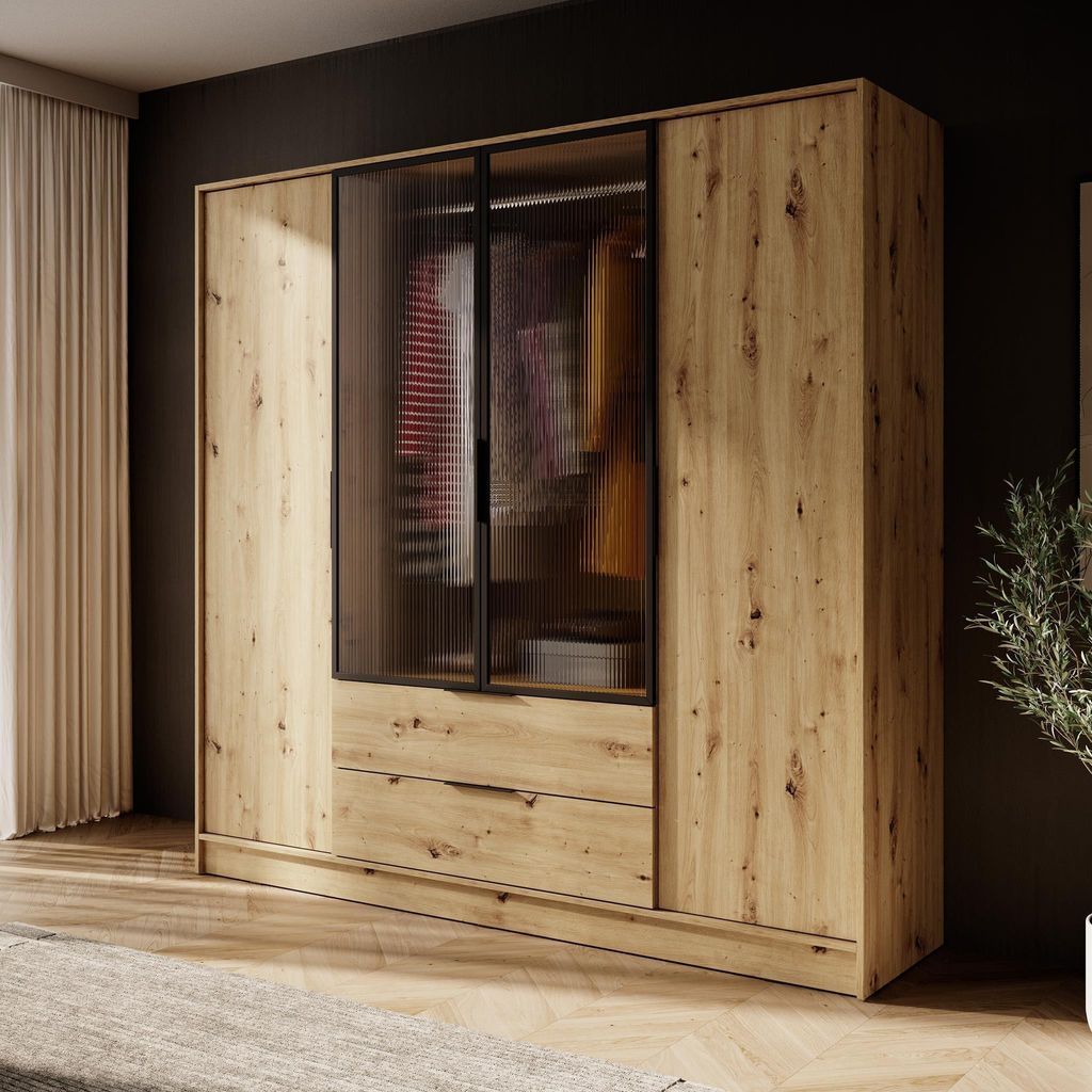 200 cm breite Schrank Jolie IV Eiche Artisane Garderobenschrank mit Glastüren Kleiderschrank mit 4 Scharniertüren Drehtürenschrank mit 2 Schubla...