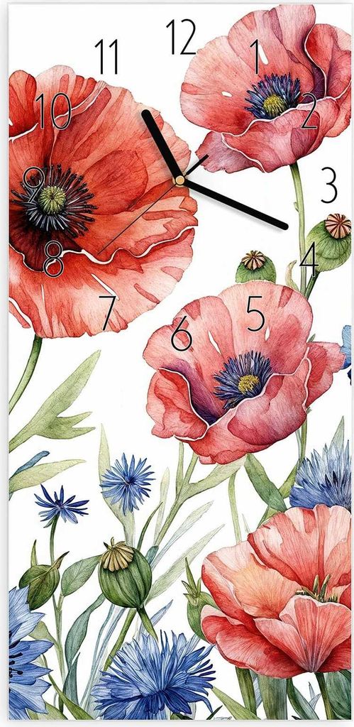 Wanduhr aus Glas mit Motiv Blumenwiese Kunstvoll- 30 x 60 cm - inkl. Aufhängesystem