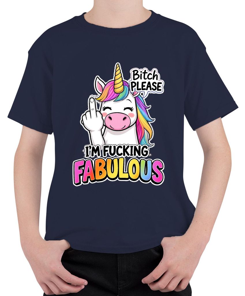 I'm Fucking Fabulous Einhorn Regenbogen Mittelfinger Geschenk Uni Kinder T-Shirt, Navy, 116
