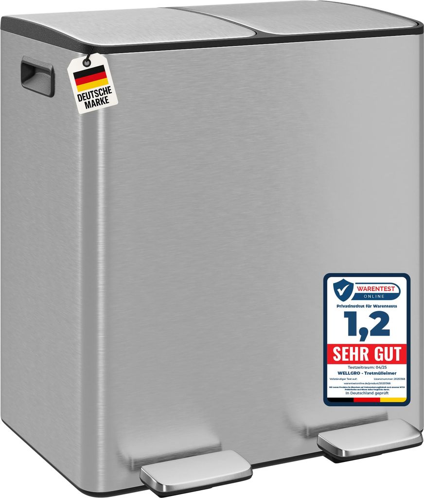 WELLGRO Treteimer 2x20L Silber – Edelstahl mit Softclose & Produktbild 