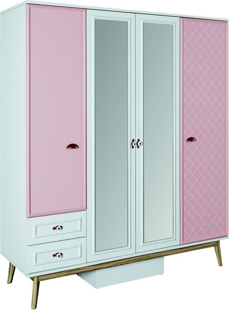 Kleiderschrank Kinderzimmer Schränke Mehrzweck Holz 4 türiger Rosa Schrank