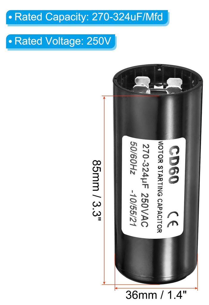 2 Stš¹ck CD60 Betrieb Kondensator, 270-324ŠÌF 250V AC 50/60Hz Start Motorkondensator fš¹r Wechselstrom-Einphasenmotor, Schwarz